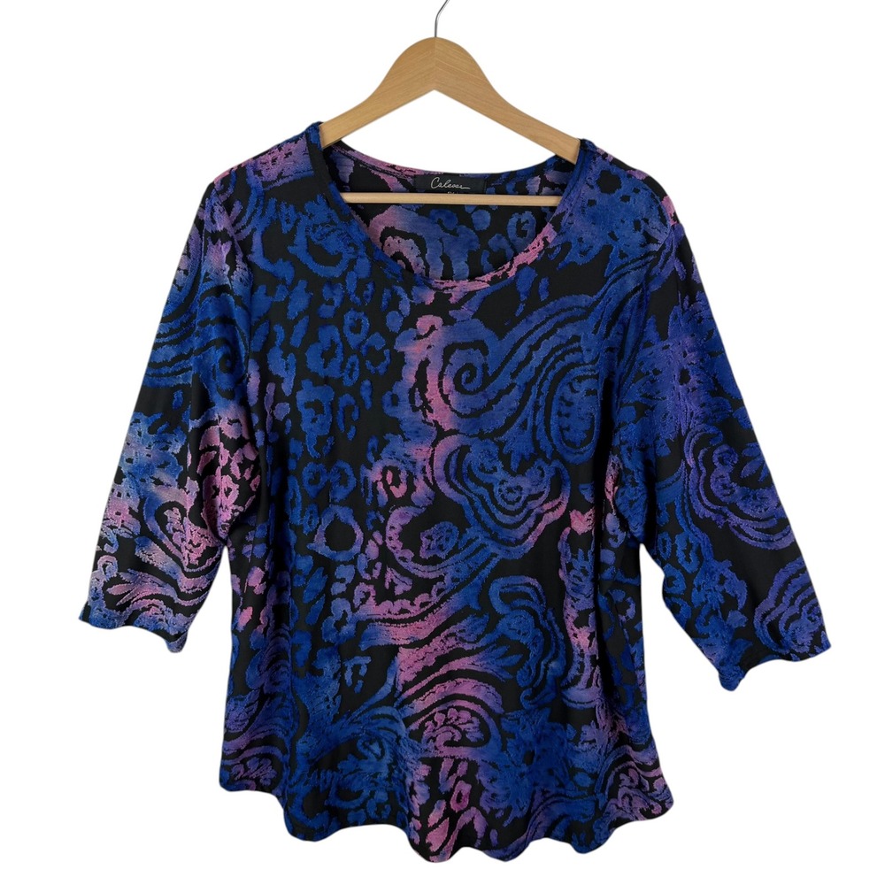 Calessa Burnout Velvet Paisley Leopard Print  Top Size 1X Textured Boho Stretch